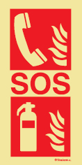 Señal fotoluminiscente en aluminio de equipo de alarma y lucha contra incendio para túneles con el doble pictograma de teléfono de emergencia y extintor y el texto SOS