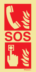 Señal fotoluminiscente en aluminio de equipo de alarma y lucha contra incendio para túneles con el doble pictograma de teléfono de emergencia y pulsador de alarma y el texto SOS