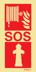 Señal fotoluminiscente en aluminio de equipo de alarma y lucha contra incendio para túneles con el doble pictograma de boca de incendio equipada y hidrante y el texto SOS