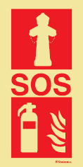Señal fotoluminiscente en aluminio de equipo de alarma y lucha contra incendio para túneles con el doble pictograma de hidrante y extintor y el texto SOS