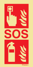 Señal fotoluminiscente en aluminio de equipo de alarma y lucha contra incendio para túneles con el doble pictograma de pulsador de alarma y extintor y el texto SOS