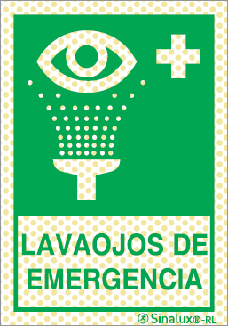 Señal reflectoluminiscente de equipos de emergencia para minas con el pictograma y texto de lavaojos de emergencia