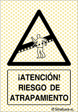 Señal reflectoluminiscente de peligro para minas con el pictograma y texto de riesgo de atrapamiento