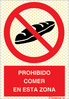 Señal reflectoluminiscente de prohibición para minas con el pictograma y texto de prohibido comer en esta zona