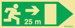 Señal fotoluminiscente en aluminio de evacuación para túneles con el pictograma de dirección de evacuación a la derecha y los metros necesarios para recorrer hasta la salida - 25m