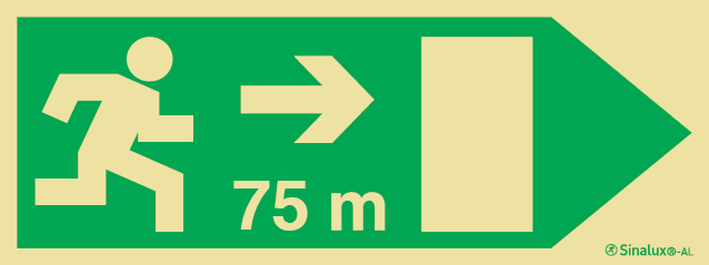 Señal fotoluminiscente en aluminio de evacuación para túneles con el pictograma de dirección de evacuación a la derecha y los metros necesarios para recorrer hasta la salida - 75m