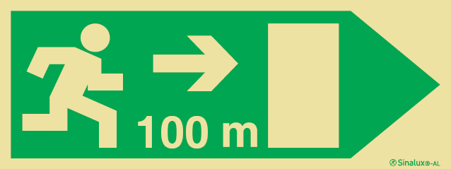 Señal fotoluminiscente en aluminio de evacuación para túneles con el pictograma de dirección de evacuación a la derecha y los metros necesarios para recorrer hasta la salida - 100m