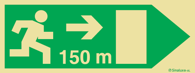 Señal fotoluminiscente en aluminio de evacuación para túneles con el pictograma de dirección de evacuación a la derecha y los metros necesarios para recorrer hasta la salida - 150m