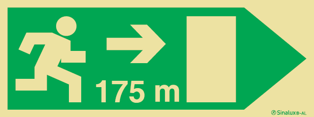 Señal fotoluminiscente en aluminio de evacuación para túneles con el pictograma de dirección de evacuación a la derecha y los metros necesarios para recorrer hasta la salida - 175m