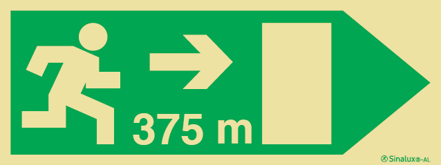 Señal fotoluminiscente en aluminio de evacuación para túneles con el pictograma de dirección de evacuación a la derecha y los metros necesarios para recorrer hasta la salida - 375m