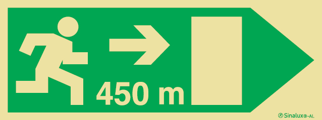 Señal fotoluminiscente en aluminio de evacuación para túneles con el pictograma de dirección de evacuación a la derecha y los metros necesarios para recorrer hasta la salida - 450m