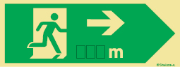 Señal fotoluminiscente en aluminio de evacuación según la norma ISO 7010 para túneles con el pictograma de dirección de evacuación a la derecha y los espacios para meter los metros necesarios para recorrer hasta la salida