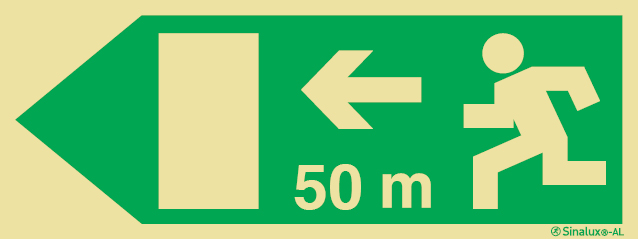 Señal fotoluminiscente en aluminio de evacuación para túneles con el pictograma de dirección de evacuación a la izquierda y los metros necesarios para recorrer hasta la salida - 50m