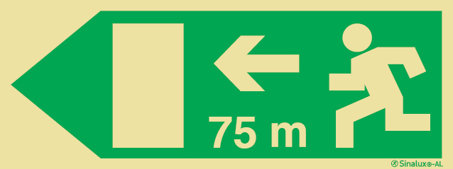 Señal fotoluminiscente en aluminio de evacuación para túneles con el pictograma de dirección de evacuación a la izquierda y los metros necesarios para recorrer hasta la salida - 75m