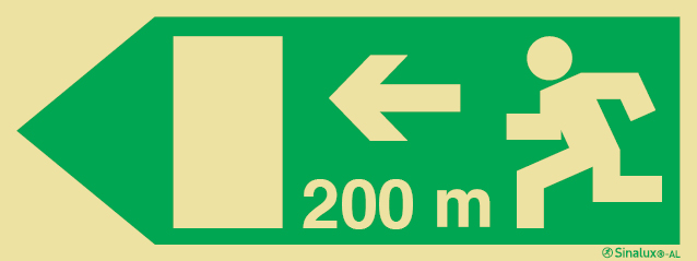 Señal fotoluminiscente en aluminio de evacuación para túneles con el pictograma de dirección de evacuación a la izquierda y los metros necesarios para recorrer hasta la salida - 200m