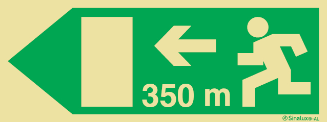 Señal fotoluminiscente en aluminio de evacuación para túneles con el pictograma de dirección de evacuación a la izquierda y los metros necesarios para recorrer hasta la salida - 350m
