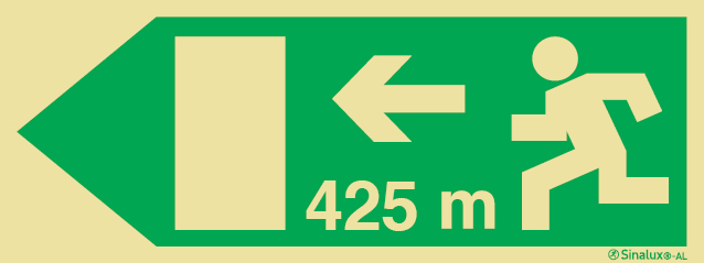 Señal fotoluminiscente en aluminio de evacuación para túneles con el pictograma de dirección de evacuación a la izquierda y los metros necesarios para recorrer hasta la salida - 425m