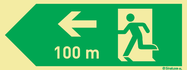 Señal fotoluminiscente en aluminio de evacuación según la norma ISO 7010 para túneles con el pictograma de dirección de evacuación a la izquierda y los metros necesarios para recorrer hasta la salida - 100m