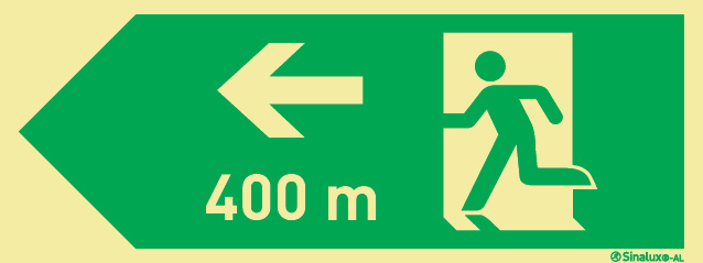 Señal fotoluminiscente en aluminio de evacuación según la norma ISO 7010 para túneles con el pictograma de dirección de evacuación a la izquierda y los metros necesarios para recorrer hasta la salida - 400m