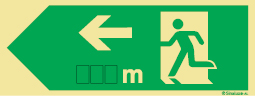 Señal fotoluminiscente en aluminio de evacuación según la norma ISO 7010 para túneles con el pictograma de dirección de evacuación a la izquierda y los espacios para meter los metros necesarios para recorrer hasta la salida