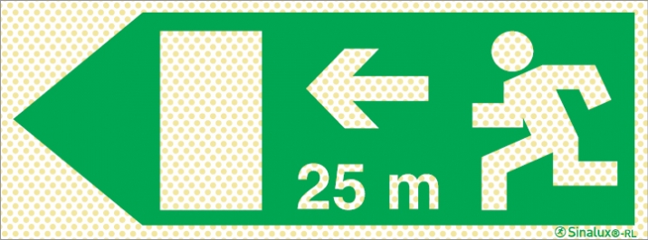 Señal reflectoluminiscente de evacuación para túneles con el pictograma de dirección de evacuación a la izquierda y los metros necesarios para recorrer hasta la salida - 25m