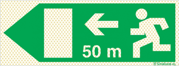 Señal reflectoluminiscente de evacuación para túneles con el pictograma de dirección de evacuación a la izquierda y los metros necesarios para recorrer hasta la salida - 50m