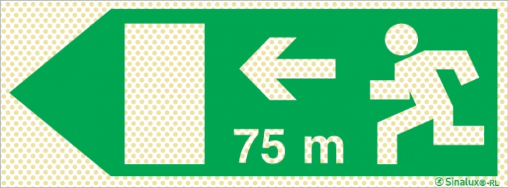 Señal reflectoluminiscente de evacuación para túneles con el pictograma de dirección de evacuación a la izquierda y los metros necesarios para recorrer hasta la salida - 75m