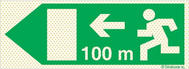 Señal reflectoluminiscente de evacuación para túneles con el pictograma de dirección de evacuación a la izquierda y los metros necesarios para recorrer hasta la salida - 100m