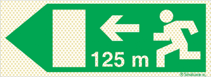 Señal reflectoluminiscente de evacuación para túneles con el pictograma de dirección de evacuación a la izquierda y los metros necesarios para recorrer hasta la salida - 125m