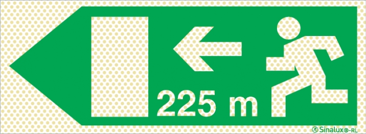 Señal reflectoluminiscente de evacuación para túneles con el pictograma de dirección de evacuación a la izquierda y los metros necesarios para recorrer hasta la salida - 225m