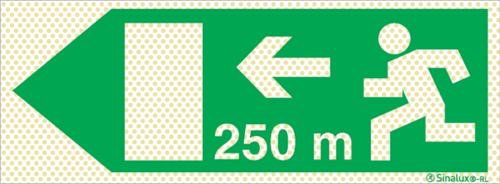 Señal reflectoluminiscente e evacuación para túneles con el pictograma de dirección de evacuación a la izquierda y los metros necesarios para recorrer hasta la salida - 250m