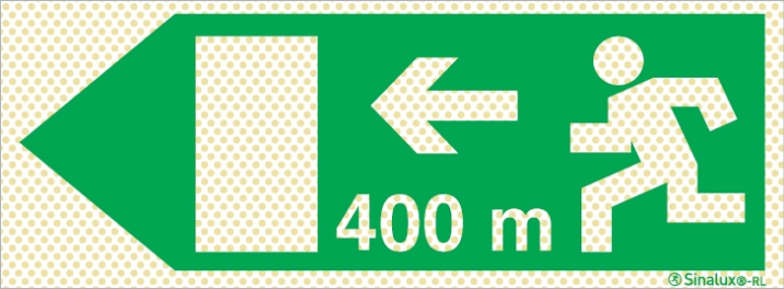 Señal reflectoluminiscente de evacuación para túneles con el pictograma de dirección de evacuación a la izquierda y los metros necesarios para recorrer hasta la salida - 400m