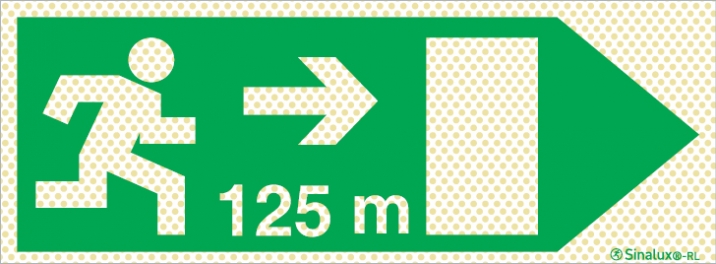 Señal reflectoluminiscente de evacuación para túneles con el pictograma de dirección de evacuación a la derecha y los metros necesarios para recorrer hasta la salida - 125m
