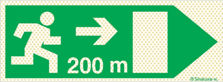 Señal reflectoluminiscente de evacuación para túneles con el pictograma de dirección de evacuación a la derecha y los metros necesarios para recorrer hasta la salida - 200m