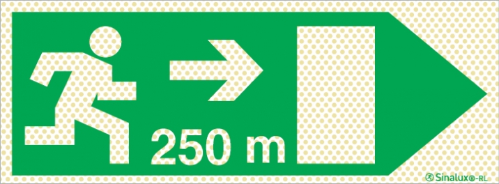 Señal reflectoluminiscente de evacuación para túneles con el pictograma de dirección de evacuación a la derecha y los metros necesarios para recorrer hasta la salida - 250m