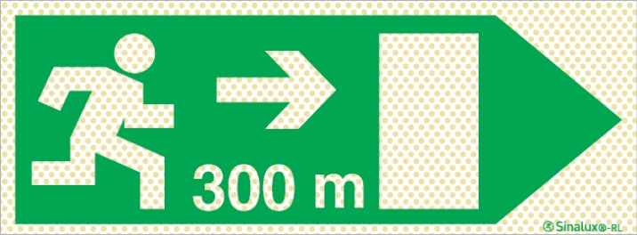 Señal reflectoluminiscente de evacuación para túneles con el pictograma de dirección de evacuación a la derecha y los metros necesarios para recorrer hasta la salida - 300m