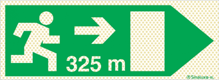 Señal reflectoluminiscente de evacuación para túneles con el pictograma de dirección de evacuación a la derecha y los metros necesarios para recorrer hasta la salida - 325m
