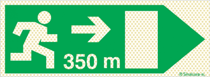 Señal reflectoluminiscente de evacuación para túneles con el pictograma de dirección de evacuación a la derecha y los metros necesarios para recorrer hasta la salida - 350m