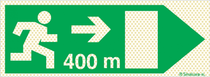 Señal reflectoluminiscente de evacuación para túneles con el pictograma de dirección de evacuación a la derecha y los metros necesarios para recorrer hasta la salida - 400m