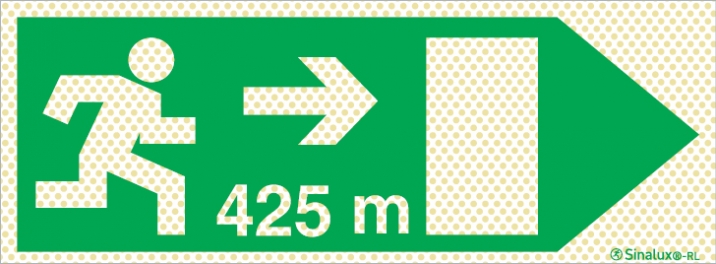 Señal reflectoluminiscente de evacuación para túneles con el pictograma de dirección de evacuación a la derecha y los metros necesarios para recorrer hasta la salida - 425m