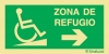 Señal de evacuación de ZONA DE REFUGIO para personas con discapacidad con rampa descendente y con flecha horizontal a la derecha