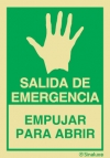 Señal de evacuación para apertura de puertas con el pictograma de EMPUJAR PARA ABRIR y con el texto SALIDA DE EMERGENCIA EMPUJAR PARA ABRIR