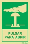 Señal de equipos de emergencia con el pictograma de PARADA DE EMERGENCIA y el texto PULSAR PARA ABRIR