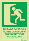 Señal de evacuación con el pictograma y textos en cuatro lenguas de SALIDA DE EMERGENCIA
