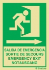Señal de evacuación con el pictograma y textos en cuatro lenguas de SALIDA DE EMERGENCIA y flecha hacia la derecha