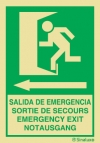 Señal de evacuación con el pictograma y textos en cuatro lenguas de SALIDA DE EMERGENCIA y flecha hacia la izquierda