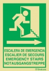 Señal de evacuación con el pictograma y textos en cuatro lenguas de ESCALERA DE EMERGENCIA y flecha hacia la derecha