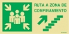 Señal de evacuación con el pictograma de PUNTO DE REUNIÓN y el texto RUTA A ZONA DE CONFINAMIENTO y flecha diagonal para arriba a la derecha