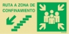 Señal de evacuación con el pictograma de PUNTO DE REUNIÓN y el texto RUTA A ZONA DE CONFINAMIENTO y flecha diagonal para bajo a la izquierda
