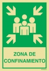 Señal de evacuación con el pictograma de PUNTO DE REUNIÓN y el texto ZONA DE CONFINAMIENTO